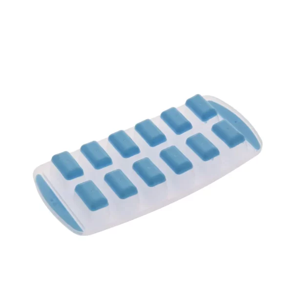Cette photo montre un bac à glaçons Home Equipement à fond souple pour congélateur et réfrigérateur, de couleur bleu et avec les glaçons en forme de rectangle, référence 92007, vue de l'arrière