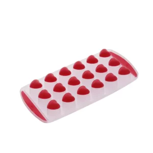 Cette photo montre un bac à glaçons Home Equipement à fond souple pour congélateur et réfrigérateur, de couleur rose et avec les glaçons en forme coeurs, référence 92007, vue de l'arrière