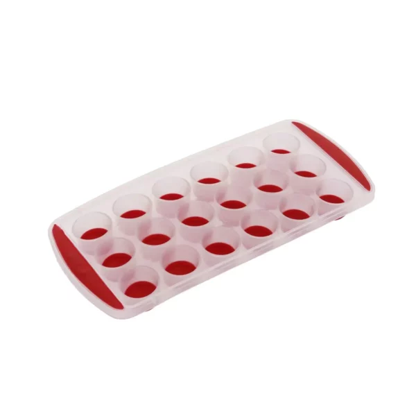 Cette photo montre un bac à glaçons Home Equipement à fond souple pour congélateur et réfrigérateur, de couleur rouge et avec les glaçons en forme de demi-sphère, référence 92007, vue de 3/4