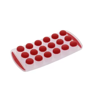 Cette photo montre un bac à glaçons Home Equipement à fond souple pour congélateur et réfrigérateur, de couleur rouge et avec les glaçons en forme de demi-sphère, référence 92007, vue d'arrière