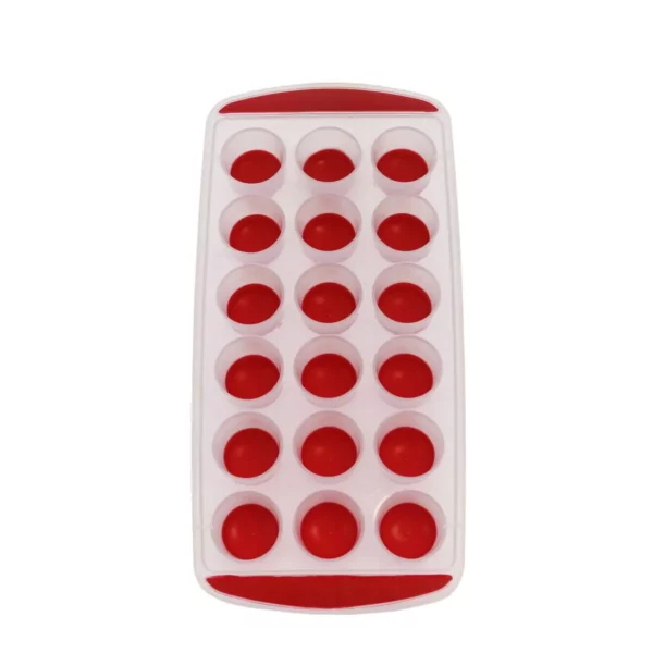 Cette photo montre un bac à glaçons Home Equipement à fond souple pour congélateur et réfrigérateur, de couleur rouge et avec les glaçons en forme de demi-sphère, référence 92007, vue de haut