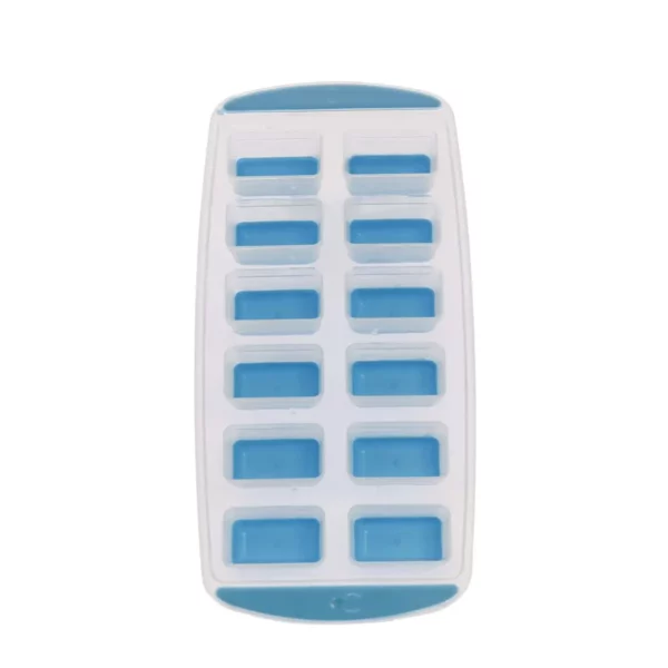 Cette photo montre un bac à glaçons Home Equipement à fond souple pour congélateur et réfrigérateur, de couleur bleu et avec les glaçons en forme de rectangle, référence 92007, vue de haut