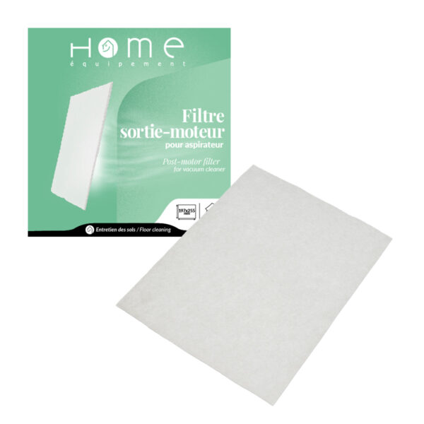 Photo en 3/4 face du microfiltre universel à découper pour aspirateur de la marque Home Equipement de référence A14131, avec son packaging en arrière plan