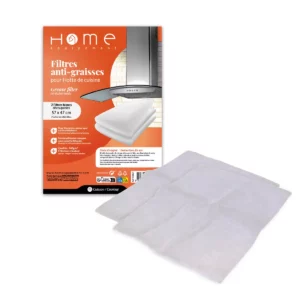 Cette photo présente les deux filtres anti-graisses pour hotte à découper de la marque Home Equipement, avec leur packaging en arrière-plan