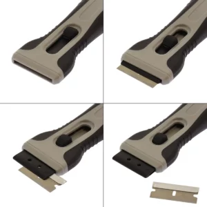 Cette image décomposée en 4 photos nous montre les différentes étapes pour changer la lame du grattoir de la marque Home Equipement pour plaque vitrocéramique et induction. Sur la première image, nous voyons le grattoir lame rentrée. Sur la seconde image, nous voyons le grattoir lame sortie. Sur la 3e photo, le bouton poussoir est encore plus enclenché, ce qui fait sortir davantage la lame qu'on peut pousser sur le côté. Enfin, sur la dernière photo, nous voyons la lame sortie de son encoche, le grattoir est sans lame.