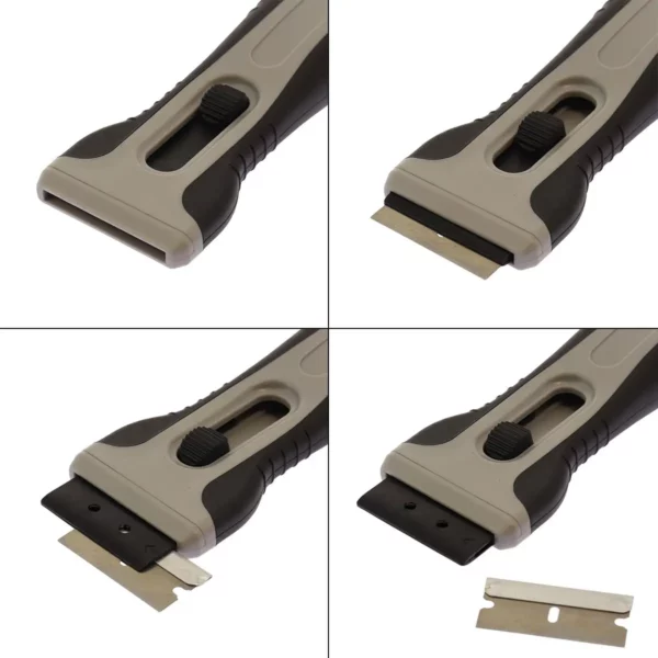 Cette image décomposée en 4 photos nous montre les différentes étapes pour changer la lame du grattoir de la marque Home Equipement pour plaque vitrocéramique et induction. Sur la première image, nous voyons le grattoir lame rentrée. Sur la seconde image, nous voyons le grattoir lame sortie. Sur la 3e photo, le bouton poussoir est encore plus enclenché, ce qui fait sortir davantage la lame qu'on peut pousser sur le côté. Enfin, sur la dernière photo, nous voyons la lame sortie de son encoche, le grattoir est sans lame.