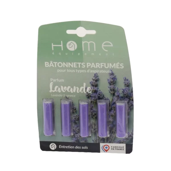 Cette photo montre le recto du packaging des bâtonnets désodorisants parfum lavande de la marque Home Equipement pour aspirateur.