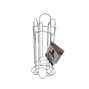 Nous voyons ici la tour de rangement pour dosettes Home Equipement de référence 50926, vue dans son ensemble avec son étiquette de packaging. La vue est de 3/4