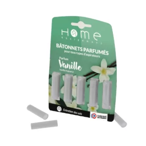 Cette photo montre les bâtonnets désodorisants parfum Vanille de la marque Home Equipement, par 5 pour aspirateur. On y voit également le packaging du produit.