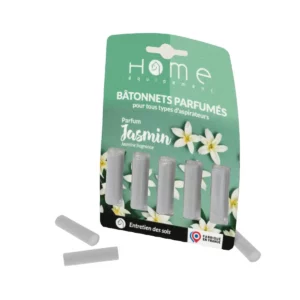 Cette photo montre les bâtonnets désodorisants parfum Jasmin de la marque Home Equipement, par 5 pour aspirateur. On y voit également le packaging du produit.