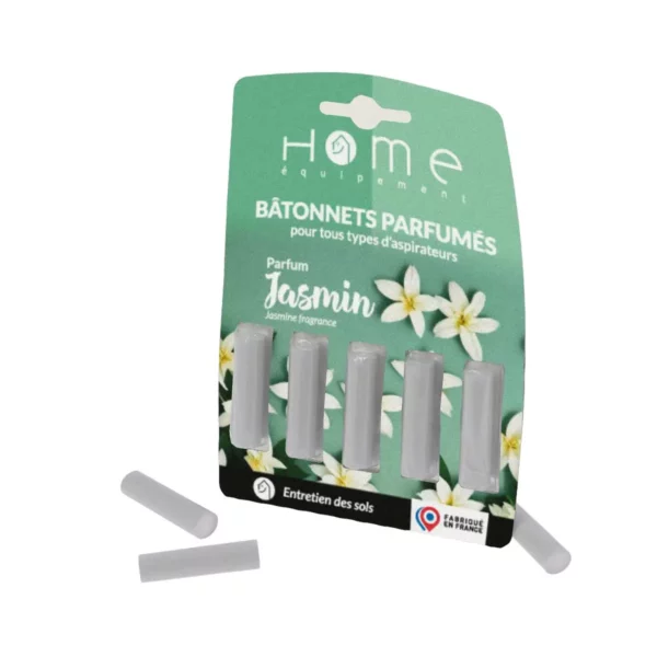 Cette photo montre les bâtonnets désodorisants parfum Jasmin de la marque Home Equipement, par 5 pour aspirateur. On y voit également le packaging du produit.
