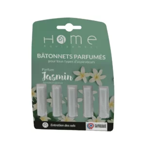 Cette photo montre le recto du packaging des bâtonnets désodorisants parfum jasmin de la marque Home Equipement pour aspirateur.