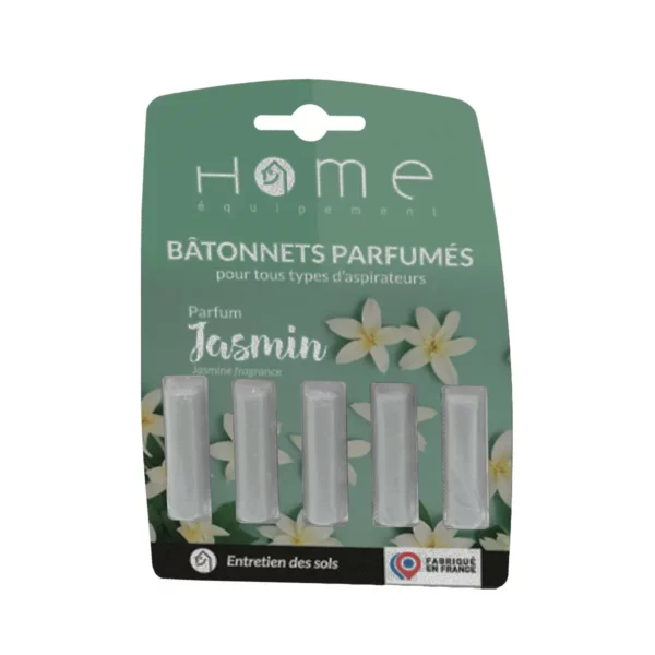 Cette photo montre le recto du packaging des bâtonnets désodorisants parfum jasmin de la marque Home Equipement pour aspirateur.