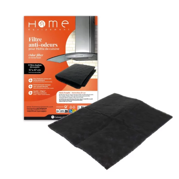Cette image présente le filtre à charbon anti-odeurs pour hotte à découper de la marque Home Equipement, ainsi que son packaging