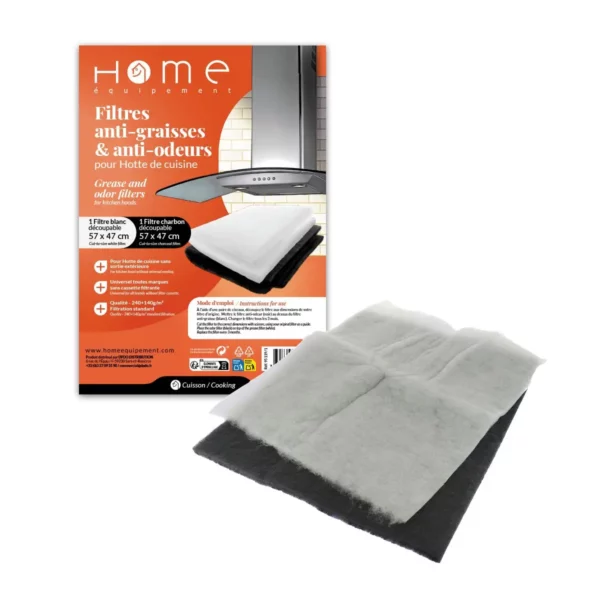 Sur cette photo, sont présentés les deux filtres pour hotte : le filtre charbon anti-odeur ainsi que le filtre anti-graisse, avec leur packaging en arrière-plan