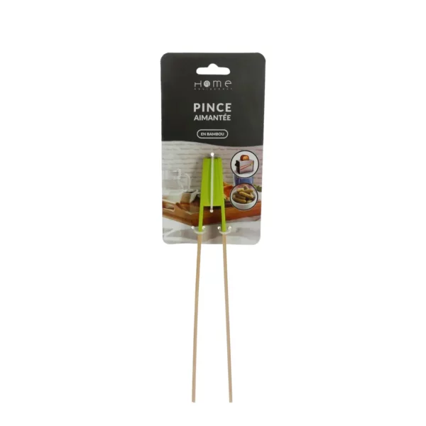 Cette photo nous montre la pince à toast aimantée de la marque Home Equipement, avec son packaging et vue de face dans son ensemble