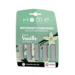 Cette photo montre le recto du packaging des bâtonnets désodorisants parfum Vanille de la marque Home Equipement pour aspirateur.