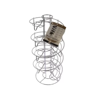 Nous voyons ici la tour de rangement pour dosettes Home Equipement de référence 50932, vue dans son ensemble avec son étiquette de packaging. La vue est de 3/4