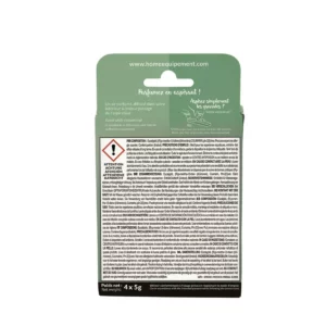 Cette photo montre le verso du packaging des granulés parfumés à l'eucalyptus pour aspirateur, de la marque Home Equipement. On peut y lire le mode d'emploi, la composition ainsi que les précautions d'emploi du produit