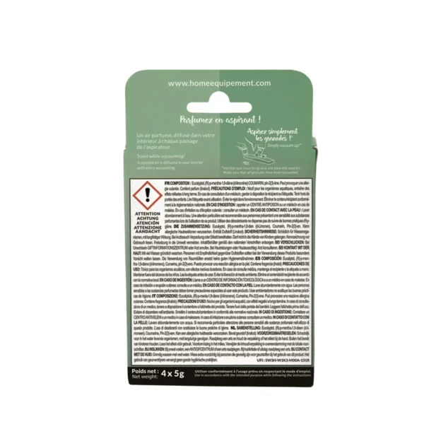 Cette photo montre le verso du packaging des granulés parfumés à l'eucalyptus pour aspirateur, de la marque Home Equipement. On peut y lire le mode d'emploi, la composition ainsi que les précautions d'emploi du produit