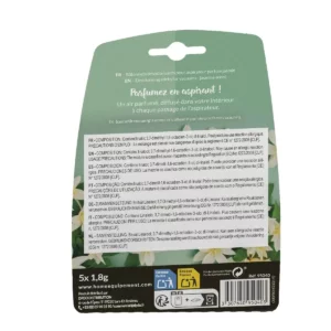 Cette photo montre le verso du packaging des bâtonnets désodorisants parfum Jasmin de la marque Home Equipement pour aspirateur. On peut y lire la composition du produit, les précautions d'emploi