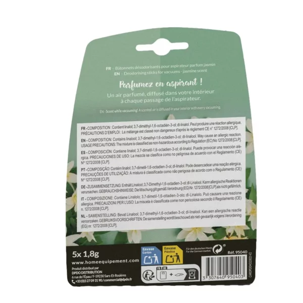 Cette photo montre le verso du packaging des bâtonnets désodorisants parfum Jasmin de la marque Home Equipement pour aspirateur. On peut y lire la composition du produit, les précautions d'emploi