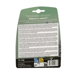Cette photo montre le verso du packaging des bâtonnets désodorisants parfum lavande de la marque Home Equipement pour aspirateur. On peut y lire la composition du produit, les précautions d'emploi