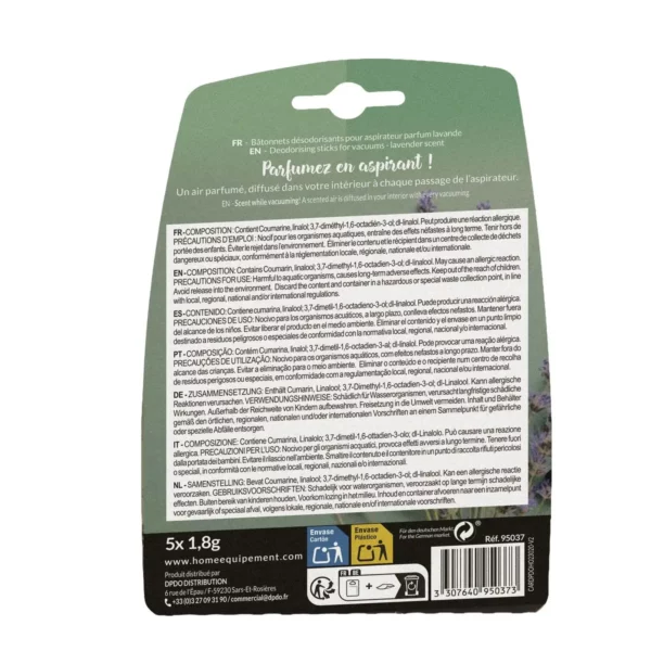 Cette photo montre le verso du packaging des bâtonnets désodorisants parfum lavande de la marque Home Equipement pour aspirateur. On peut y lire la composition du produit, les précautions d'emploi