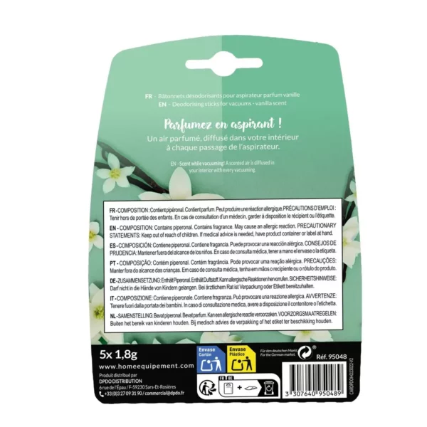 Cette photo montre le verso du packaging des bâtonnets désodorisants parfum Vanille de la marque Home Equipement pour aspirateur. On peut y lire la composition du produit, les précautions d'emploi