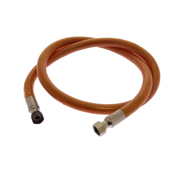 Cette photo nous présente le flexible en inox pour gaz butane de la marque Home Equipement. Le produit est vu dans son ensemble, avec ses deux embouts en vue de 3/4 face