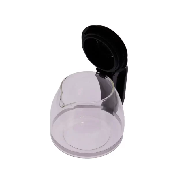 Sur cette photo, nous pouvons voir la verseuse adaptable noire conique de la marque Home Equipement, dans son ensemble. Elle est vue de 3/4 face, avec son couvercle ouvert