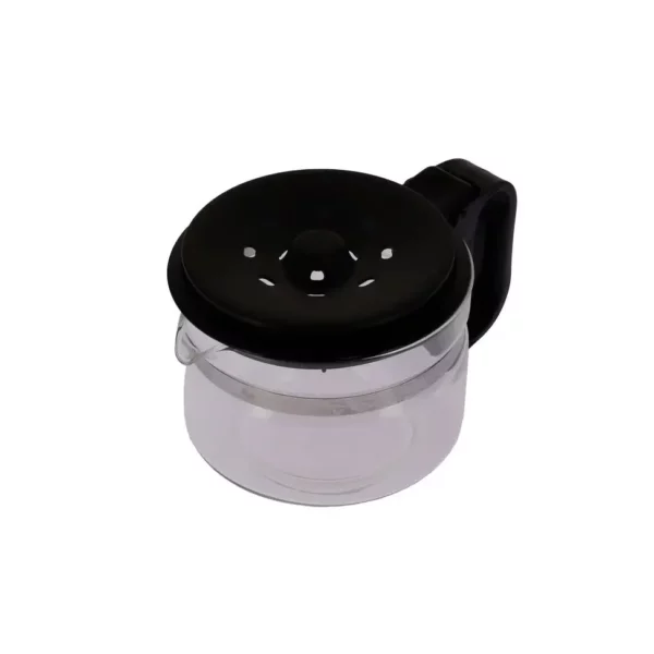 Cette photo nous présente la verseuse noire avec couvercle adaptable de la marque Home Equipement. La verseuse est vue dans son ensemble, en 3/4 face