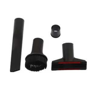 Cette photo montre l'ensemble de brosses du kit multidiamètre suceurs plat, meuble et triangle pour aspirateur, de la marque Home Equipement. On y voit 1 suceur plat, 1 suceur spécial meuble, 1 suceur triangulaire, 1 bague adaptable
