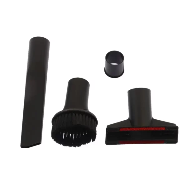 Cette photo montre l'ensemble de brosses du kit multidiamètre suceurs plat, meuble et triangle pour aspirateur, de la marque Home Equipement. On y voit 1 suceur plat, 1 suceur spécial meuble, 1 suceur triangulaire, 1 bague adaptable