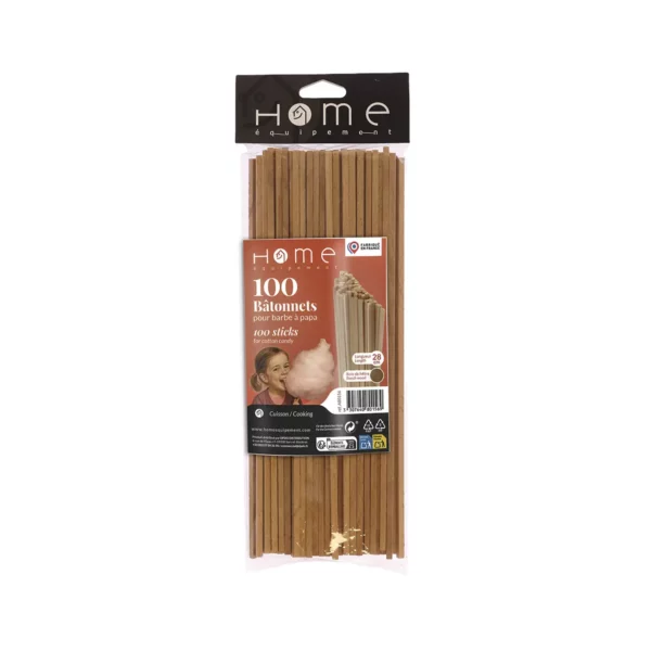 Sur cette photo, nous voyons les 100 bâtonnets en hêtre pour barbe à papa dans leur emballage. Marque Home Equipement
