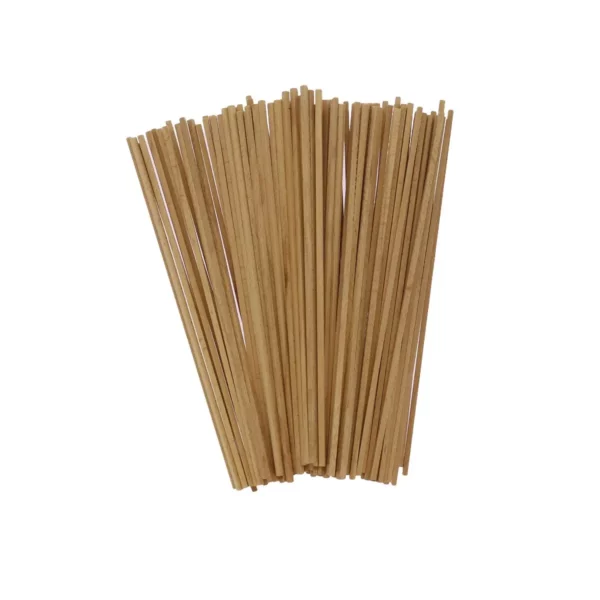Sur cette photo, nous voyons une vue de face des 100 bâtonnets pour barbe à papa en hêtre de la marque Home Equipement. Ils sont en vrac