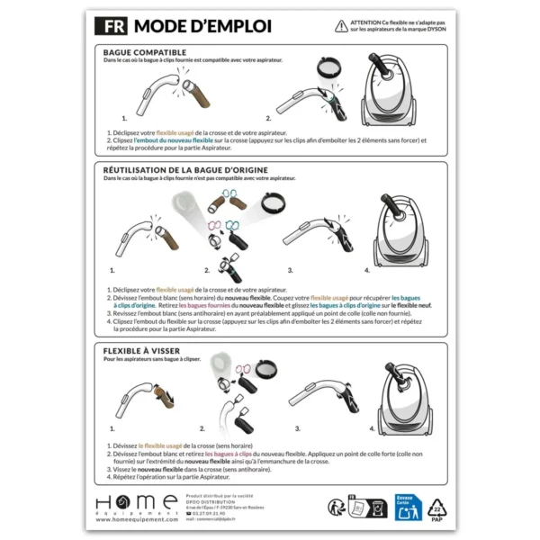 Cette image montre le mode d'emploi Français concernant le flexible universel pour aspirateur Home Equipement A041030