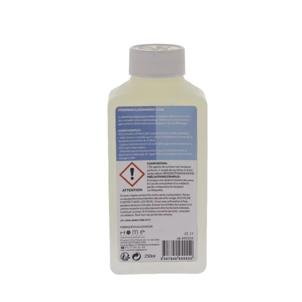 Cette photo nous montre le verso du détartrant dégraissant liquide 250ml pour Lave vaisselle parfum citron de la marque Home Equipement et de référence A95555. On peut y lire la composition du produit, les précautions d'emploi et les consignes de sécurité.