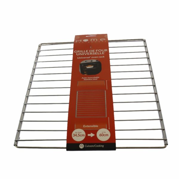 Cette photo montre la grille extensible 39 à 60 cm pour four de la marque Home Equipement ainsi que son emballage, en vue de face