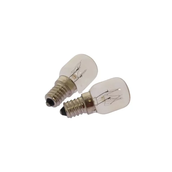 Cette photo montre les deux ampoules E14 de 25W pour four, en vue de 3/4 dans leur ensemble - Référence A90947