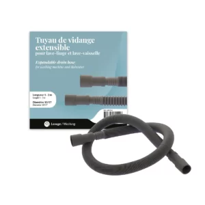 Nous voyons le tuyau de vidange étirable pour lave-linge ou lave-vaisselle avec son packaging en arrière plan