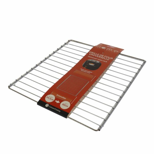Cette photo montre la grille extensible 39 à 60 cm pour four de la marque Home Equipement ainsi que son emballage, en vue de 3/4 face