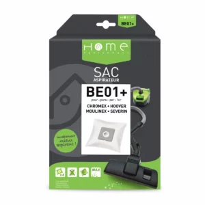 Lot de sacs aspirateur HEBE01+ avec système de filtration multicouche et fermeture hygiénique pour éviter le rejet de poussière. La photo montre le recto de la boîte.