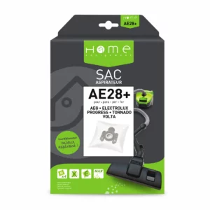 Lot de sacs aspirateur HEAE28+ avec système de filtration multicouche et fermeture hygiénique pour éviter le rejet de poussière. La photo montre le recto de la boîte.