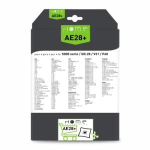 Lot de sacs aspirateur HEAE28+ avec système de filtration multicouche et fermeture hygiénique pour éviter le rejet de poussière. La photo montre le verso avec les instructions