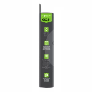Lot de sacs aspirateur HEGS33+ avec système de filtration multicouche et fermeture hygiénique pour éviter le rejet de poussière. La photo montre le côté gauche de la boîte.