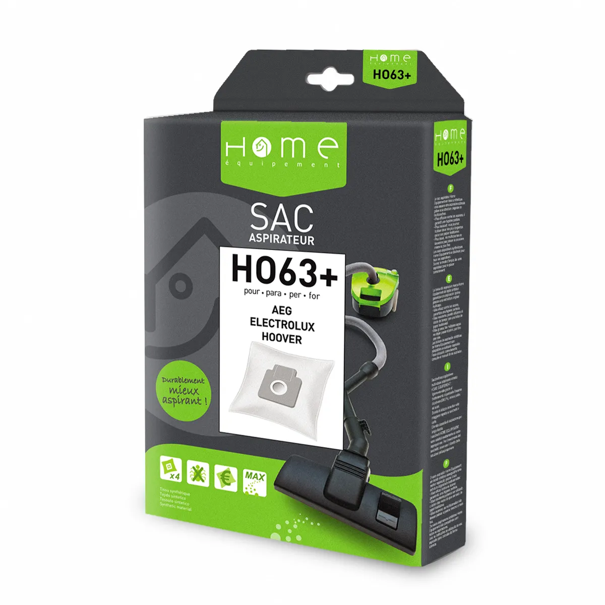 Lot de sacs aspirateur HEHO63+ avec système de filtration multicouche et fermeture hygiénique pour éviter le rejet de poussière.