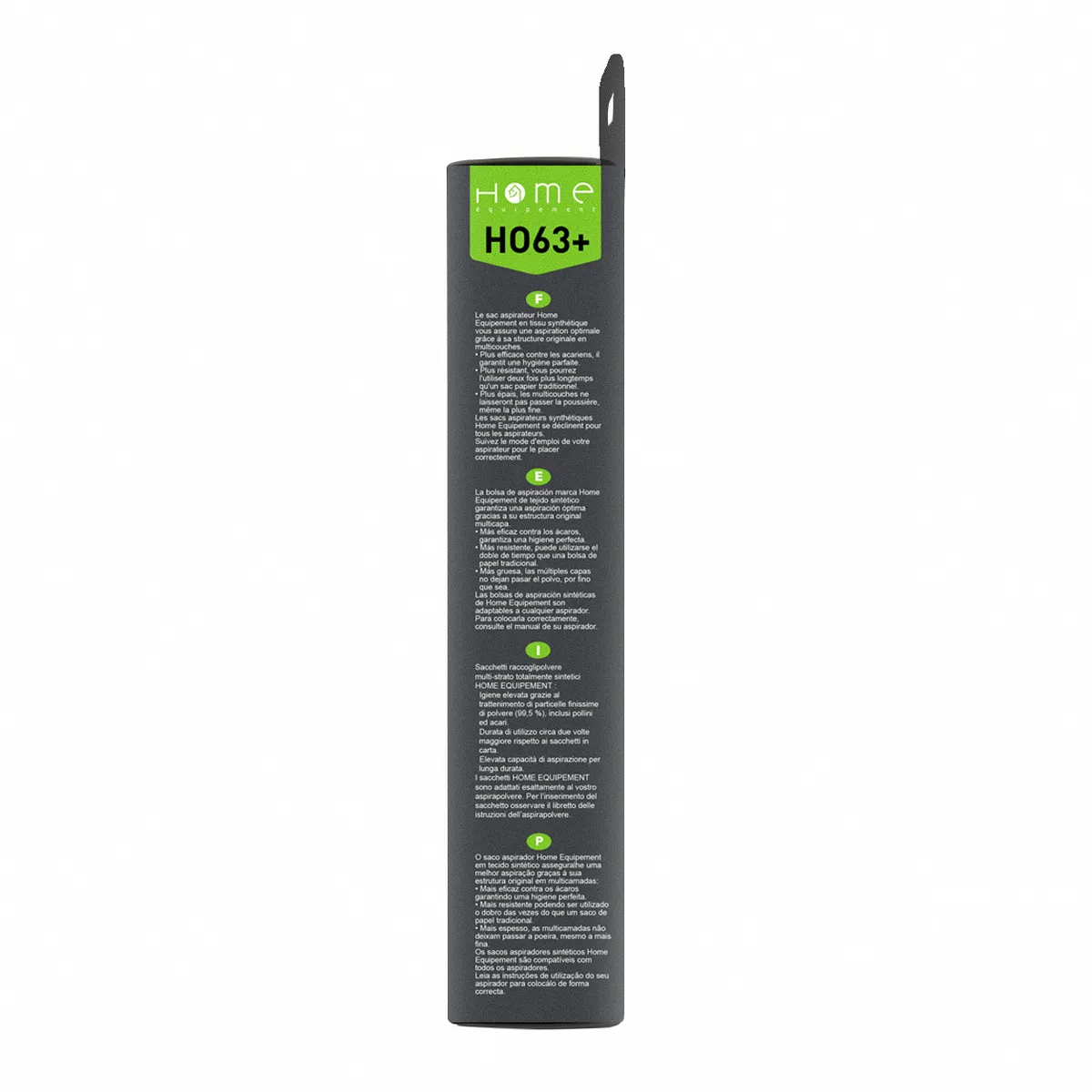 Lot de sacs aspirateur HEHO63+ avec système de filtration multicouche et fermeture hygiénique pour éviter le rejet de poussière. La photo montre le côté droit de la boîte.