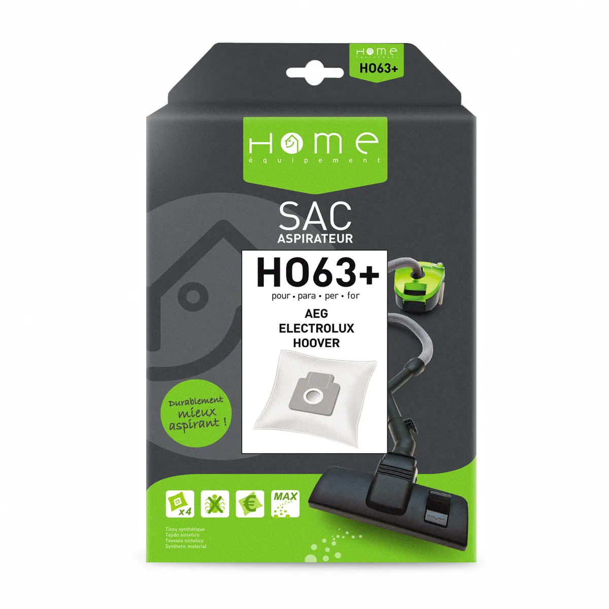 Lot de sacs aspirateur HEHO63+ avec système de filtration multicouche et fermeture hygiénique pour éviter le rejet de poussière. La photo montre le recto de la boîte.