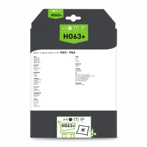 Lot de sacs aspirateur HEHO63+ avec système de filtration multicouche et fermeture hygiénique pour éviter le rejet de poussière. La photo montre le verso avec les instructions